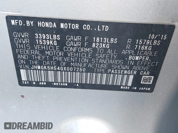 2016 Honda Fit LX with VIN JHMGK5H54GX007250, listed as a IAAI auction lot 41987205 with 50,174 mi miles. Bid and sale history available at carsss.com. Image 9.