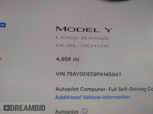 2023 Tesla Model Y Long Range with VIN 7SAYGDEE9PA145947, listed as a IAAI auction lot 42131783 with 4,956 mi miles and . Bid and sale history available at DreamBid. Image 16.