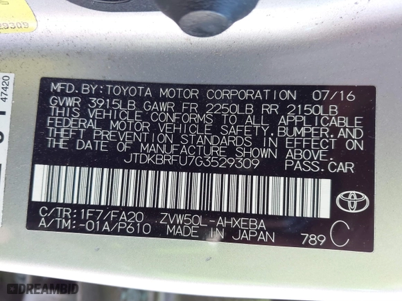 2016 Toyota Prius Two with VIN JTDKBRFU7G3529309, listed as a IAAI auction lot 41737308 with 116,848 mi miles. Bid and sale history available at carsss.com. Image 9.