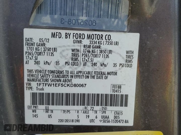 2012 Ford F-150 XL with VIN 1FTFW1EF5CKD80067, listed as a Copart auction lot 61274875 with 132,670 mi miles and Salvage title. Bid and sale history available at DreamBid. Image 12.