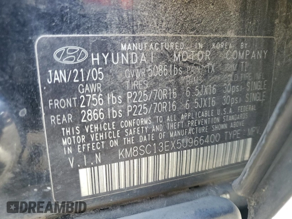 2005 Hyundai Santa Fe GLS with VIN KM8SC13EX5U966400, listed as a Copart auction lot 80776403 with 132,840 mi miles and Salvage Title. Bid and sale history available at carsss.com. Image 14.
