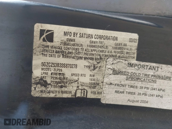 2003 Saturn VUE z VIN 5GZCZ53B33S870278, wystawiony jako IAAI lot #42435315 z przebiegiem 206 147 mil mil oraz . Historia ofert i sprzedaży dostępna na DreamBid. Obrazek 9.