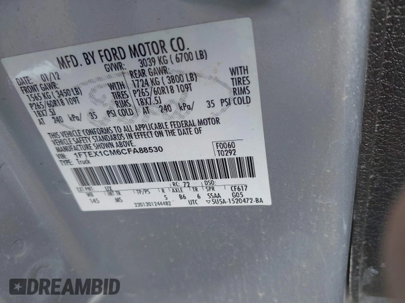 2012 Ford F-150 XL with VIN 1FTEX1CM6CFA88530, listed as a IAAI auction lot 41888555 with 129,071 mi miles and . Bid and sale history available at DreamBid. Image 9.