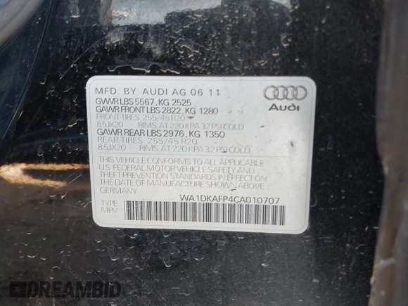 2012 Audi Q5 3.2L Premium Plus with VIN WA1DKAFP4CA010707, listed as a IAAI auction lot 41326651 with 178,170 mi miles. Bid and sale history available at carsss.com. Image 9.