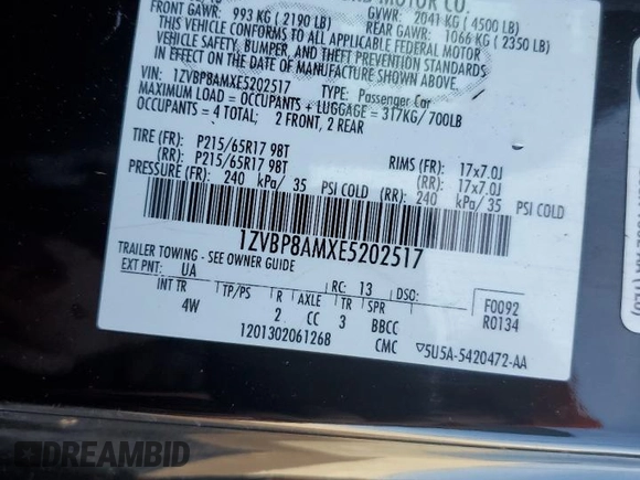 2014 Ford Mustang V6 with VIN 1ZVBP8AMXE5202517, listed as a Copart auction lot 86429194 with 174,731 mi miles and Clean title. Bid and sale history available at DreamBid. Image 12.