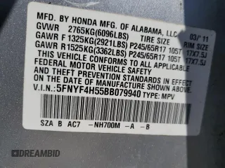 2011 Honda Pilot EX-L with VIN 5FNYF4H55BB079940, listed as a Copart auction lot 48995935 with 279,722 mi miles and Salvage Title. Bid and sale history available at carsss.com. Image 12.