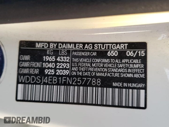 2015 Mercedes-Benz CLA 250 with VIN WDDSJ4EB1FN257788, listed as a Copart auction lot 55452535 with 145,533 mi miles and Salvage Title. Bid and sale history available at DreamBid. Image 12.