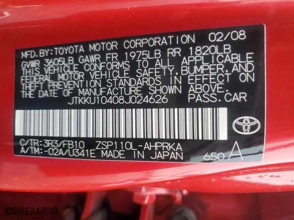 2008 Scion xD with VIN JTKKU10408J024626, listed as a Copart auction lot 50467705 with 192,969 mi miles and Clean Title. Bid and sale history available at carsss.com. Image 12.