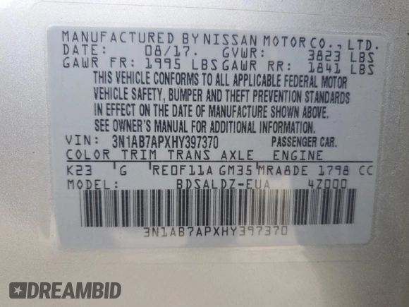 2017 Nissan Sentra S with VIN 3N1AB7APXHY397370, listed as a Copart auction lot 63914225 with 72,325 mi miles and Salvage title. Bid and sale history available at DreamBid. Image 13.