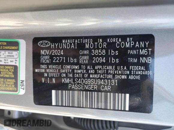 2025 Hyundai Elantra SEL Convenience with VIN KMHLS4DG9SU943131, listed as a Copart auction lot 54518735 with 876 mi miles and Non Repairable. Bid and sale history available at DreamBid. Image 13.
