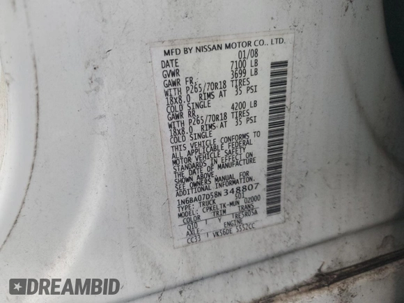 2008 Nissan Titan SE with VIN 1N6BA07D58N348807, listed as a Copart auction lot 50102605 with Not Provided miles and Clean Title. Bid and sale history available at carsss.com. Image 12.