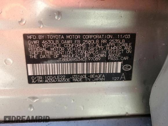 2004 Lexus GS 300 z VIN JT8BD69S340197089, wystawiony jako Copart lot #45417645 z przebiegiem 170 337 mil mil oraz Szkoda całkowita • Salvage title. Historia ofert i sprzedaży dostępna na DreamBid. Obrazek 13.
