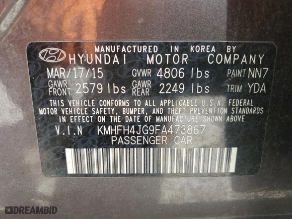 2015 Hyundai Azera Limited with VIN KMHFH4JG9FA473867, listed as a Copart auction lot 53727935 with 178,322 mi miles and Clean Title. Bid and sale history available at carsss.com. Image 12.