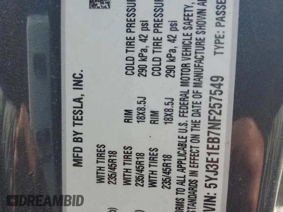 2022 Tesla Model 3 Long Range with VIN 5YJ3E1EB7NF257549, listed as a Copart auction lot 46980555 with 68,955 mi miles and Salvage Title. Bid and sale history available at DreamBid. Image 12.