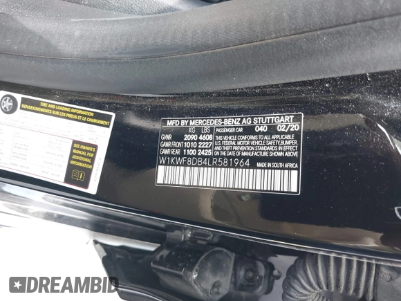 2020 Mercedes-Benz C 300 with VIN W1KWF8DB4LR581964, listed as a IAAI auction lot 42366657 with 43,337 mi miles and . Bid and sale history available at DreamBid. Image 9.