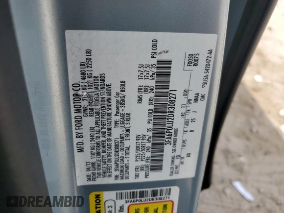 2013 Ford Fusion SE Hybrid with VIN 3FA6P0LU2DR308271, listed as a Copart auction lot 62965605 with 243,414 mi miles and Clean title. Bid and sale history available at DreamBid. Image 12.