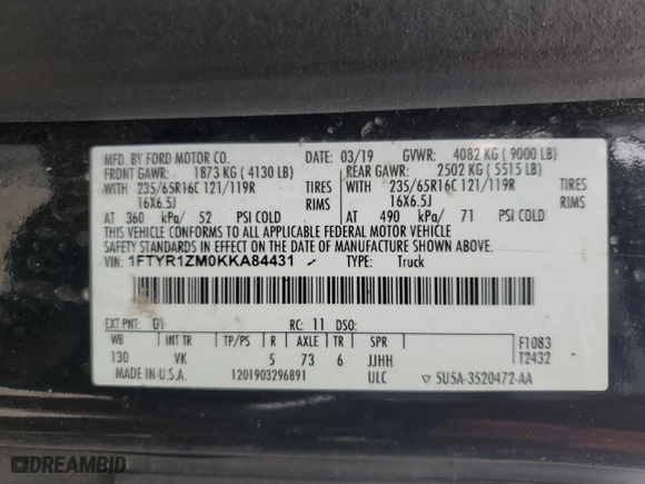 2019 Ford Transit Van with VIN 1FTYR1ZM0KKA84431, listed as a Copart auction lot 47592645 with 168,584 mi miles and Salvage Title. Bid and sale history available at carsss.com. Image 12.