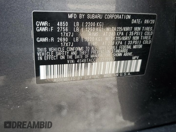 2020 Subaru Outback Premium with VIN 4S4BTACC0L3270033, listed as a Copart auction lot 54406355 with 92,188 mi miles and Salvage title. Bid and sale history available at DreamBid. Image 12.