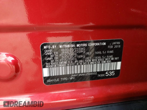 2018 Mitsubishi Eclipse Cross ES with VIN JA4AT3AA4JZ048502, listed as a Copart auction lot 55464605 with 94,598 mi miles and Salvage title. Bid and sale history available at DreamBid. Image 13.