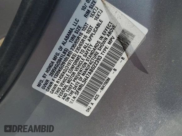2010 Honda Odyssey EX with VIN 5FNRL3H47AB022393, listed as a Copart auction lot 61956845 with 317,023 mi miles and Salvage title. Bid and sale history available at DreamBid. Image 13.