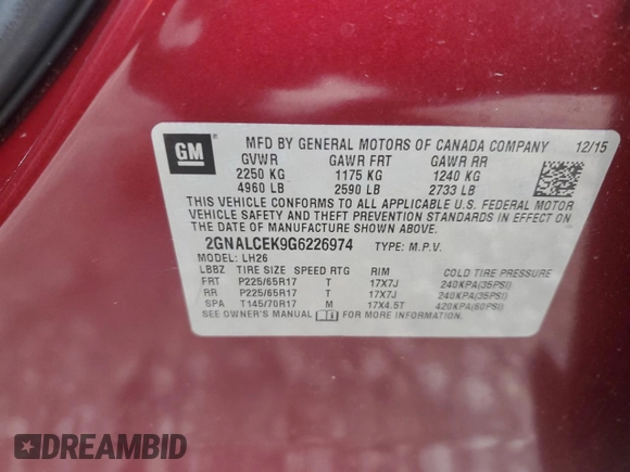 2016 Chevrolet Equinox LT with VIN 2GNALCEK9G6226974, listed as a Copart auction lot 45970575 with Not Provided miles and Salvage Title. Bid and sale history available at DreamBid. Image 15.