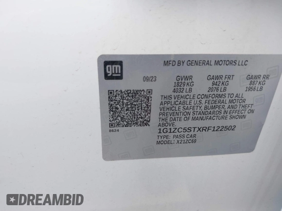 2024 Chevrolet Malibu LS with VIN 1G1ZC5STXRF122502, listed as a IAAI auction lot 42122496 with 43,239 mi miles and . Bid and sale history available at DreamBid. Image 9.