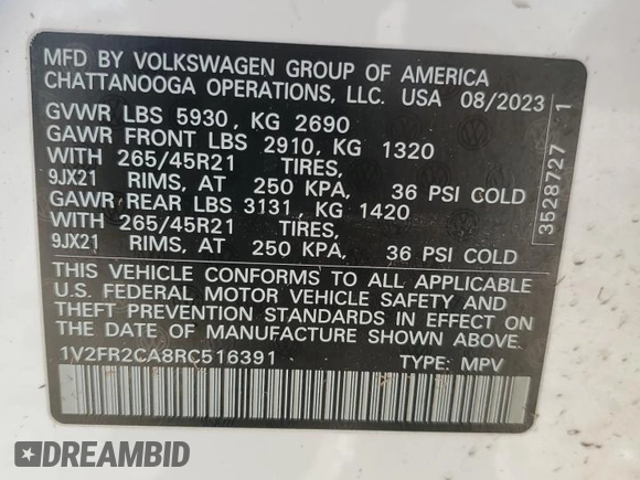 2024 Volkswagen Atlas SEL Premium R-Line z VIN 1V2FR2CA8RC516391, wystawiony jako Copart lot #51739075 z przebiegiem 21 723 mil mil oraz Szkoda całkowita • Salvage title. Historia ofert i sprzedaży dostępna na DreamBid. Obrazek 14.