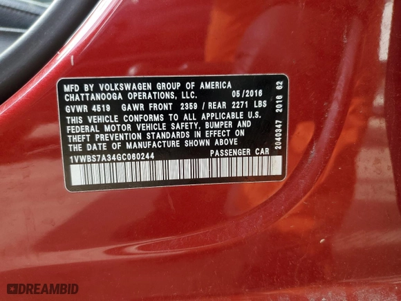 2016 Volkswagen Passat 1.8T SE w/Technology with VIN 1VWBS7A34GC060244, listed as a Copart auction lot 48032935 with 100,566 mi miles and Salvage Title. Bid and sale history available at carsss.com. Image 15.