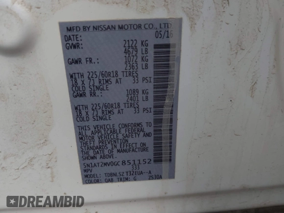 2016 Nissan Rogue SL with VIN 5N1AT2MV0GC851152, listed as a IAAI auction lot 41849173 with 166,970 mi miles and . Bid and sale history available at DreamBid. Image 9.