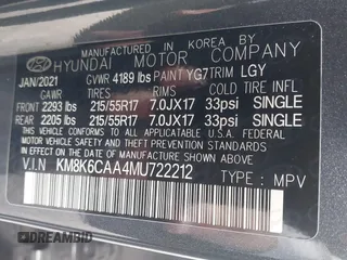 2021 Hyundai Kona SEL Plus with VIN KM8K6CAA4MU722212, listed as a IAAI auction lot 40393002 with 37,964 mi miles. Bid and sale history available at carsss.com. Image 9.