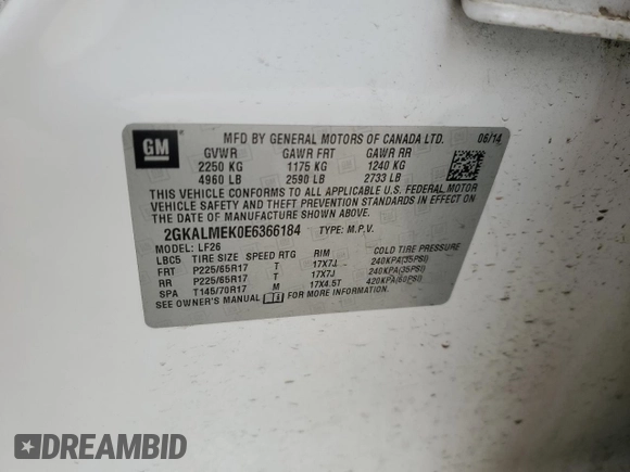 2014 GMC Terrain SLE with VIN 2GKALMEK0E6366184, listed as a Copart auction lot 57325125 with 163,086 mi miles and Clean title. Bid and sale history available at DreamBid. Image 14.