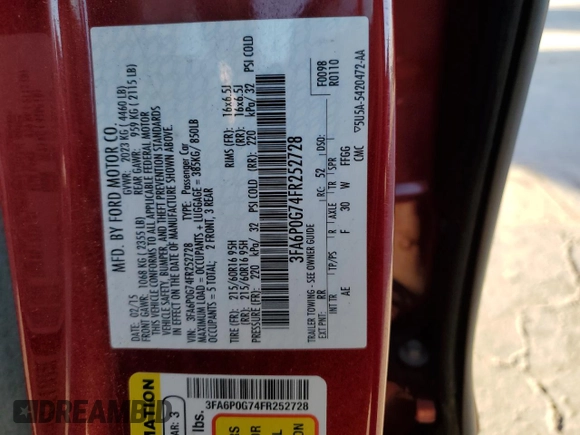2015 Ford Fusion S with VIN 3FA6P0G74FR252728, listed as a Copart auction lot 87266184 with 91,695 mi miles and Salvage Title. Bid and sale history available at carsss.com. Image 12.