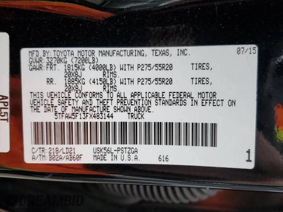 2015 Toyota Tundra 4WD Truck Platinum with VIN 5TFAW5F13FX483144, listed as a Copart auction lot 42698545 with 82,612 mi miles and Salvage Title. Bid and sale history available at carsss.com. Image 12.