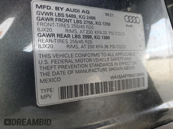 2021 Audi Q5 Sportback Premium Plus with VIN WA15AAFY8M2126553, listed as a Copart auction lot 85826504 with 61,283 mi miles and Salvage title. Bid and sale history available at DreamBid. Image 13.