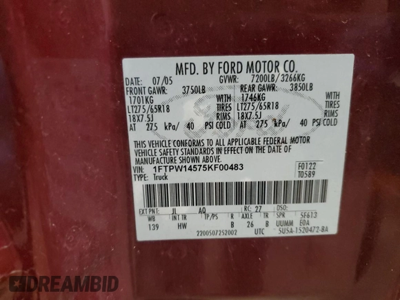 2005 Ford F-150 XLT with VIN 1FTPW14575KF00483, listed as a Copart auction lot 49797945 with 183,420 mi miles and Salvage Title. Bid and sale history available at carsss.com. Image 12.