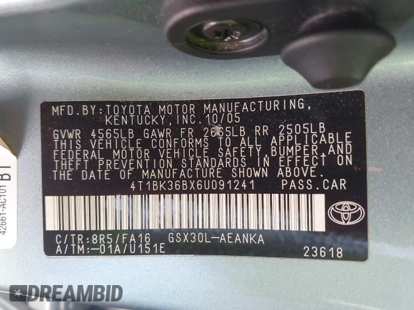 2006 Toyota Avalon XL with VIN 4T1BK36BX6U091241, listed as a IAAI auction lot 42089104 with 119,007 mi miles and . Bid and sale history available at carsss.com. Image 9.