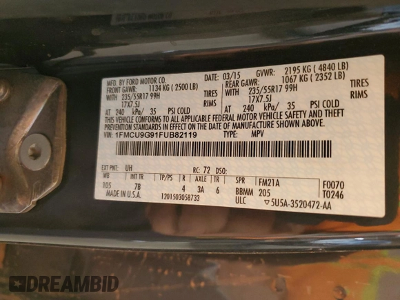 2015 Ford Escape SE with VIN 1FMCU9G91FUB82119, listed as a Copart auction lot 49172515 with 106,989 mi miles and Salvage Title. Bid and sale history available at carsss.com. Image 14.