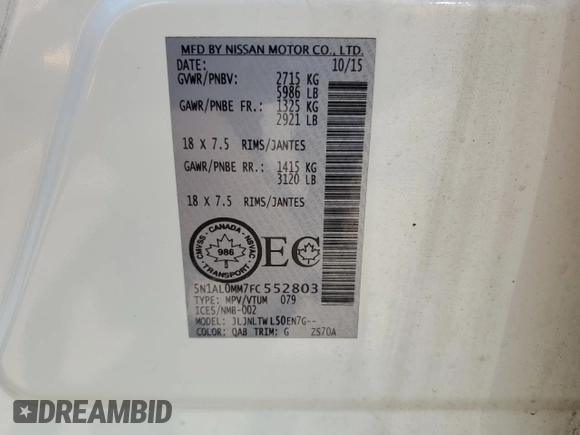 2015 Infiniti QX60 с VIN 5N1AL0MM7FC552803, выставлен на аукционе Copart как лот 57079615 с пробегом 250 130 миль миль и Чистый • Clean title. История ставок и продаж доступна на DreamBid. Изображение 14.