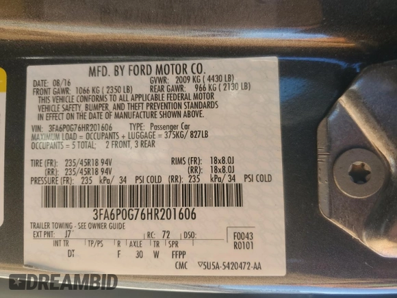 2017 Ford Fusion S with VIN 3FA6P0G76HR201606, listed as a Copart auction lot 41729265 with 124,475 mi miles and Salvage Title. Bid and sale history available at DreamBid. Image 12.