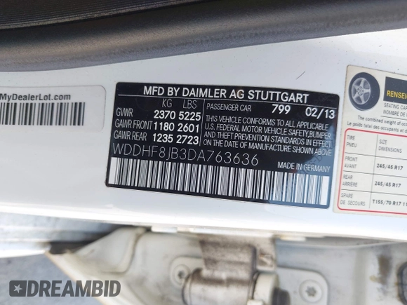 2013 Mercedes-Benz E 350 Luxury with VIN WDDHF8JB3DA763636, listed as a IAAI auction lot 42559637 with 187,610 mi miles and . Bid and sale history available at DreamBid. Image 9.
