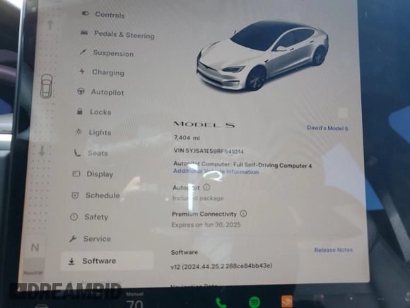 2024 Tesla Model S с VIN 5YJSA1E59RF541014, выставлен на аукционе Copart как лот 86646114 с пробегом 7 404 миль миль и Списание • Salvage title. История ставок и продаж доступна на DreamBid. Изображение 9.