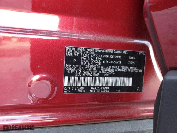 2022 Toyota RAV4 XLE Premium with VIN 2T3C1RFV7NW213905, listed as a Copart auction lot 41846145 with 66,953 mi miles and Salvage Title. Bid and sale history available at carsss.com. Image 15.