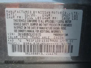 2020 Nissan Sentra S with VIN 3N1AB8BV3LY216170, listed as a Copart auction lot 50326175 with 49,836 mi miles and Salvage Title. Bid and sale history available at DreamBid. Image 13.