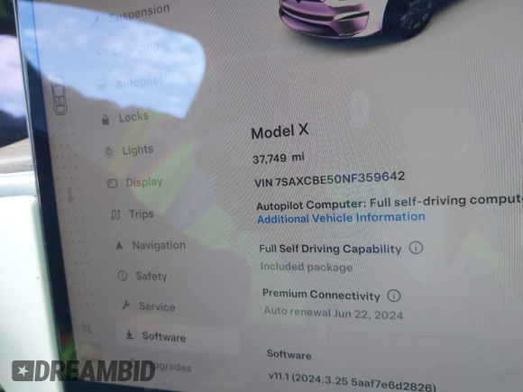 2022 Tesla Model X with VIN 7SAXCBE50NF359642, listed as a IAAI auction lot 41208766 with 37,749 mi miles. Bid and sale history available at carsss.com. Image 7.