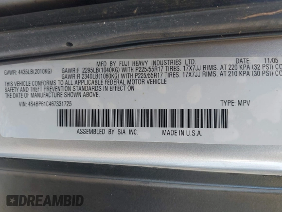 2006 Subaru Legacy Outback with VIN 4S4BP61C467331725, listed as a IAAI auction lot 42690682 with 239,299 mi miles and . Bid and sale history available at DreamBid. Image 9.