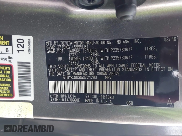 2016 Toyota Sienna XLE with VIN 5TDYK3DC8GS721290, listed as a IAAI auction lot 42127035 with 142,150 mi miles and . Bid and sale history available at DreamBid. Image 9.