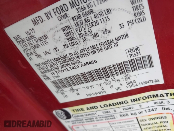 2013 Ford F-150 XL с VIN 1FTFW1ET4DFA46466, выставлен на аукционе IAAI как лот 42371591 с пробегом 170 563 миль миль и . История ставок и продаж доступна на DreamBid. Изображение 9.