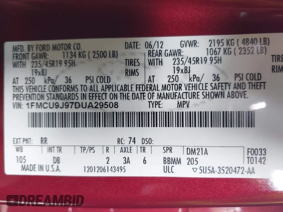 2013 Ford Escape Titanium with VIN 1FMCU9J97DUA29508, listed as a IAAI auction lot 42486296 with 118,537 mi miles and . Bid and sale history available at DreamBid. Image 9.