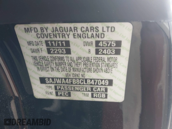 2012 Jaguar XK with VIN SAJWA4FB8CLB47049, listed as a IAAI auction lot 42118136 with 60,953 mi miles. Bid and sale history available at carsss.com. Image 9.