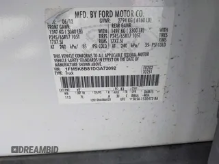 2013 Ford Explorer with VIN 1FM5K8B81DGA72092, listed as a IAAI auction lot 42044880 with Not Provided miles and . Bid and sale history available at carsss.com. Image 9.